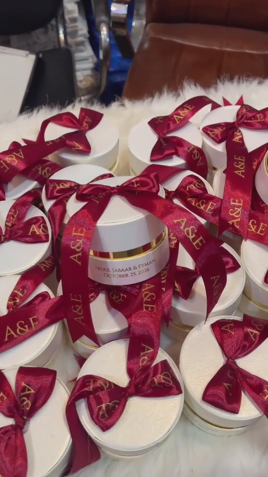 Custom Wedding Favor Boxes with Personalized Ribbon | Luxury Round Rigid Gift Boxes