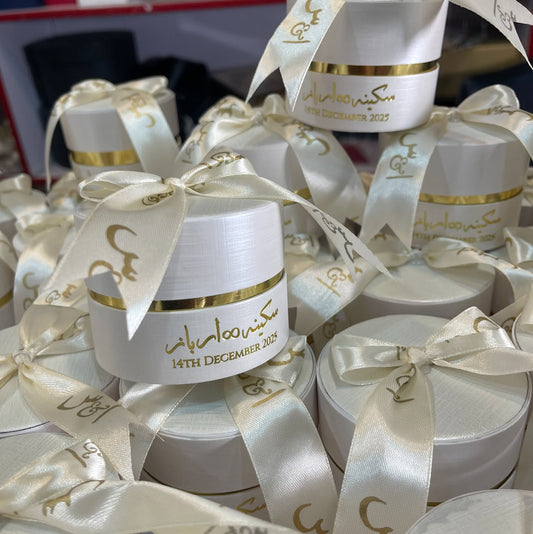 Custom Luxury Round Wedding Favor Boxes with Personalized Ribbon & Gold Trim