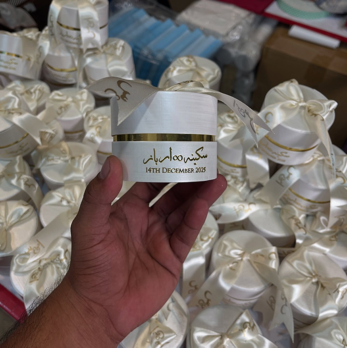 Custom Luxury Round Wedding Favor Boxes with Personalized Ribbon & Gold Trim