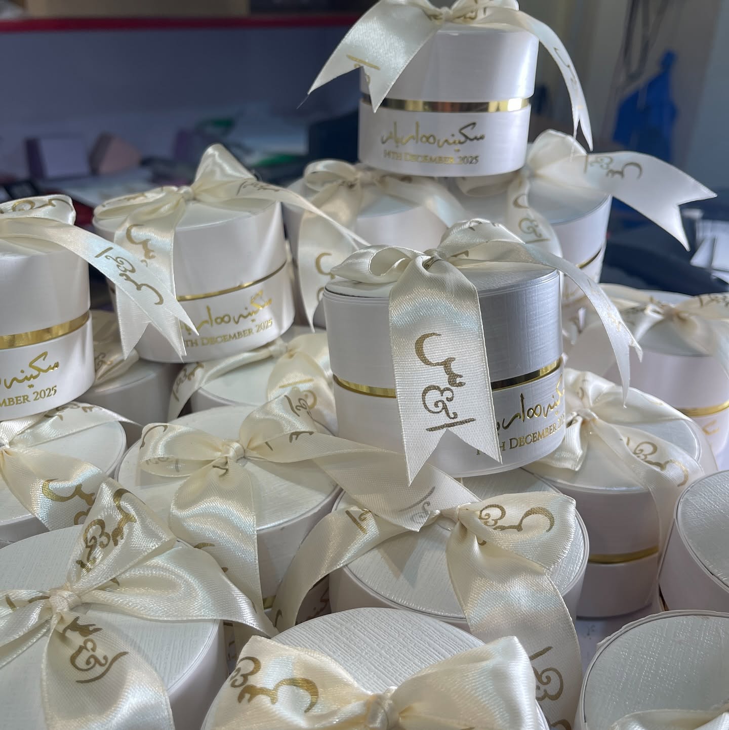 Custom Luxury Round Wedding Favor Boxes with Personalized Ribbon & Gold Trim