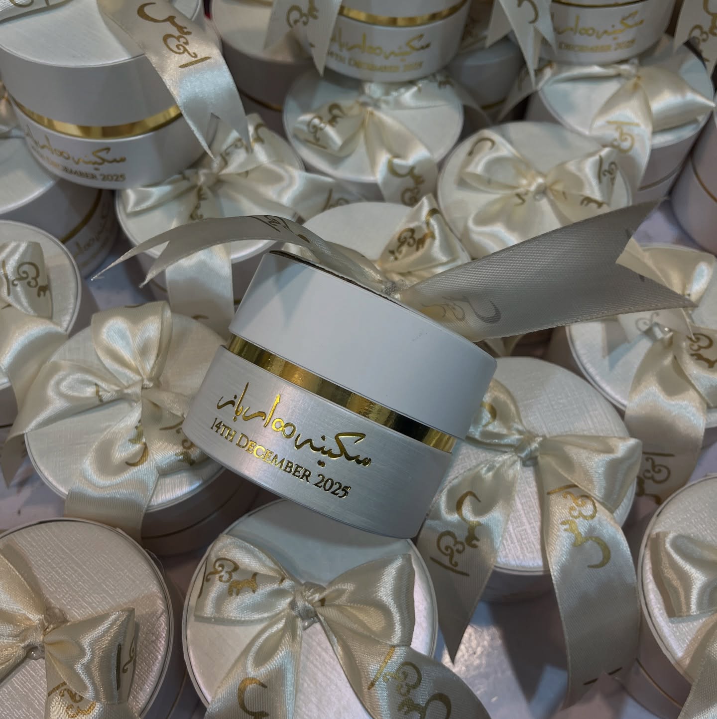 Custom Luxury Round Wedding Favor Boxes with Personalized Ribbon & Gold Trim