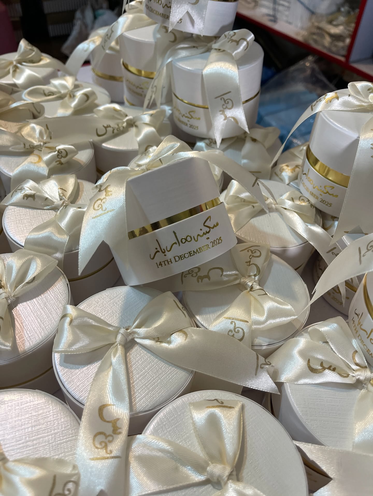 Custom Luxury Round Wedding Favor Boxes with Personalized Ribbon & Gold Trim